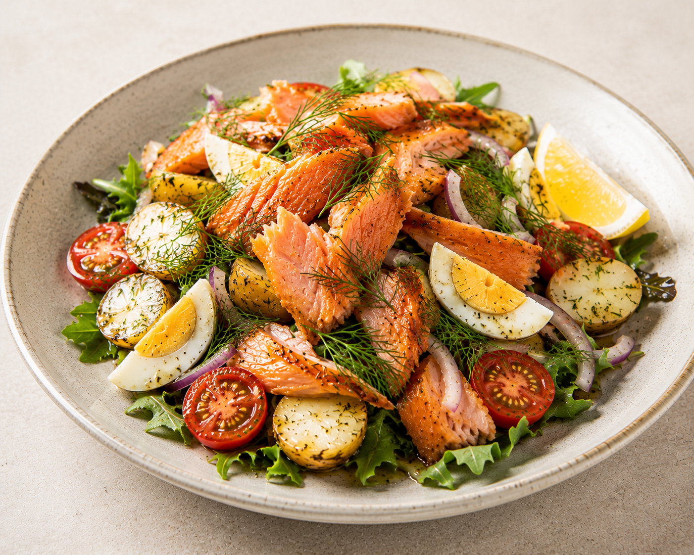 Sommarsallad med varmrökt lax